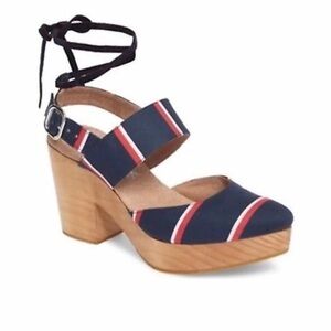 Free People Monaco Blue, White & Red Striped ankle Tie Wood Clogs Size 9.5